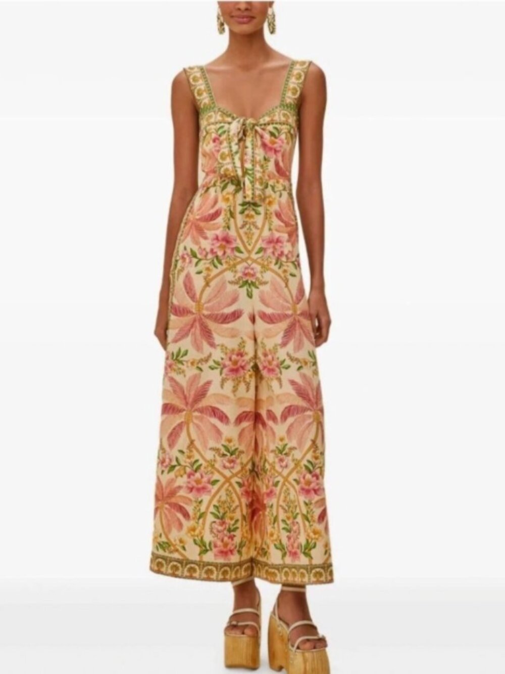Farm Rio Palm Dream Pink/Green/Off-White Knot Tropical Jumpsuit Medium NWT